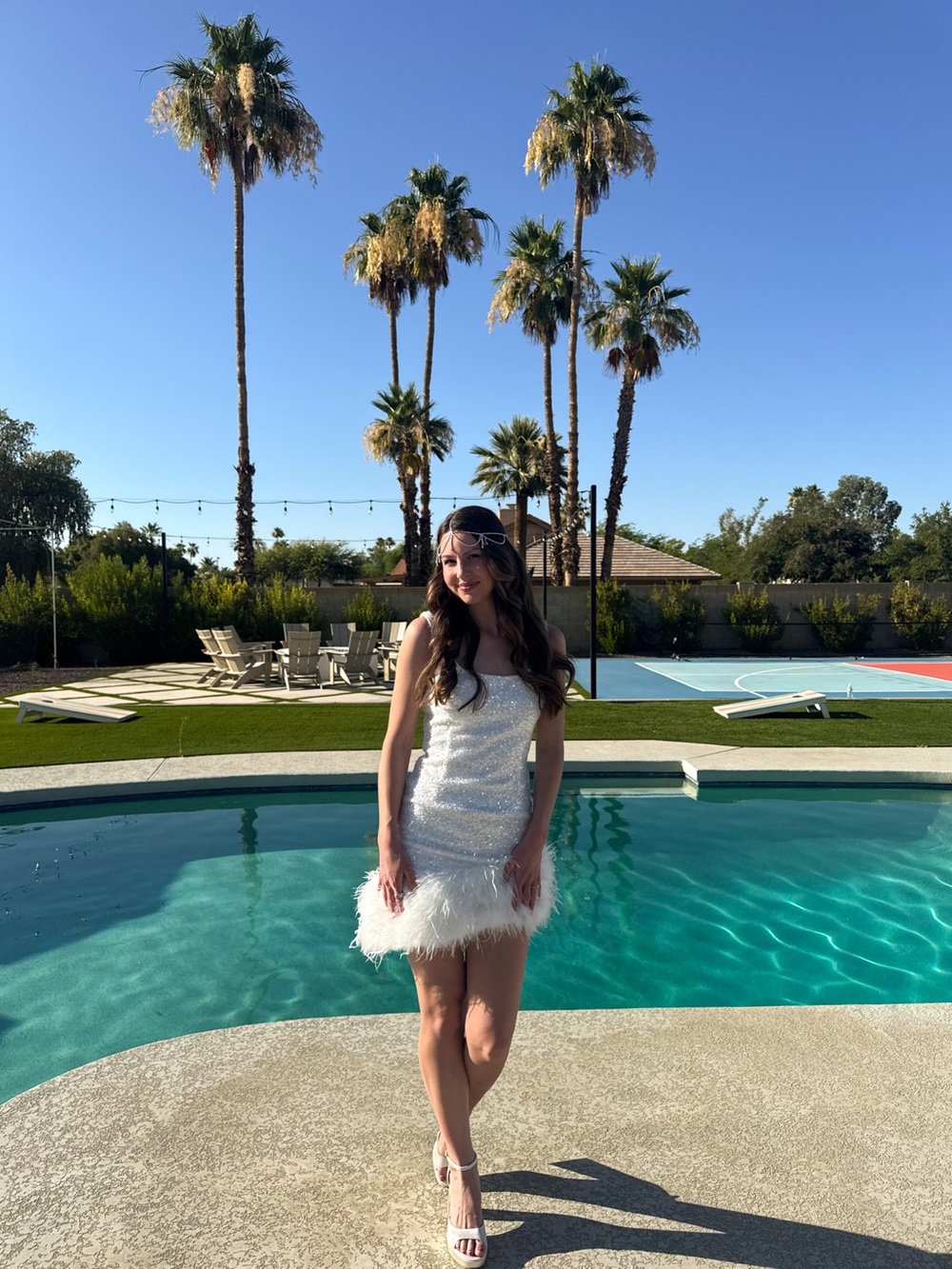 NADINE MERABI White Sequin Mini Dress with Feather Hem